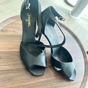 CHANEL Black Leather Peep-Toe Ankle-Strap Heels